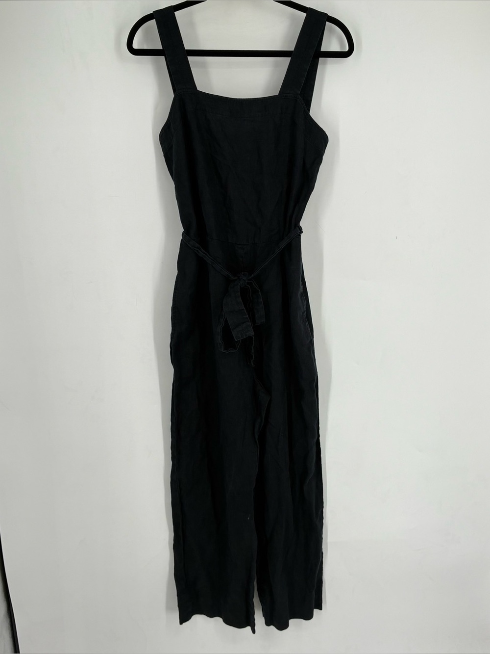 Quince Small Linen Square Neck Jumpsuit Black Cropped Pockets Neutral Belt Vaca
